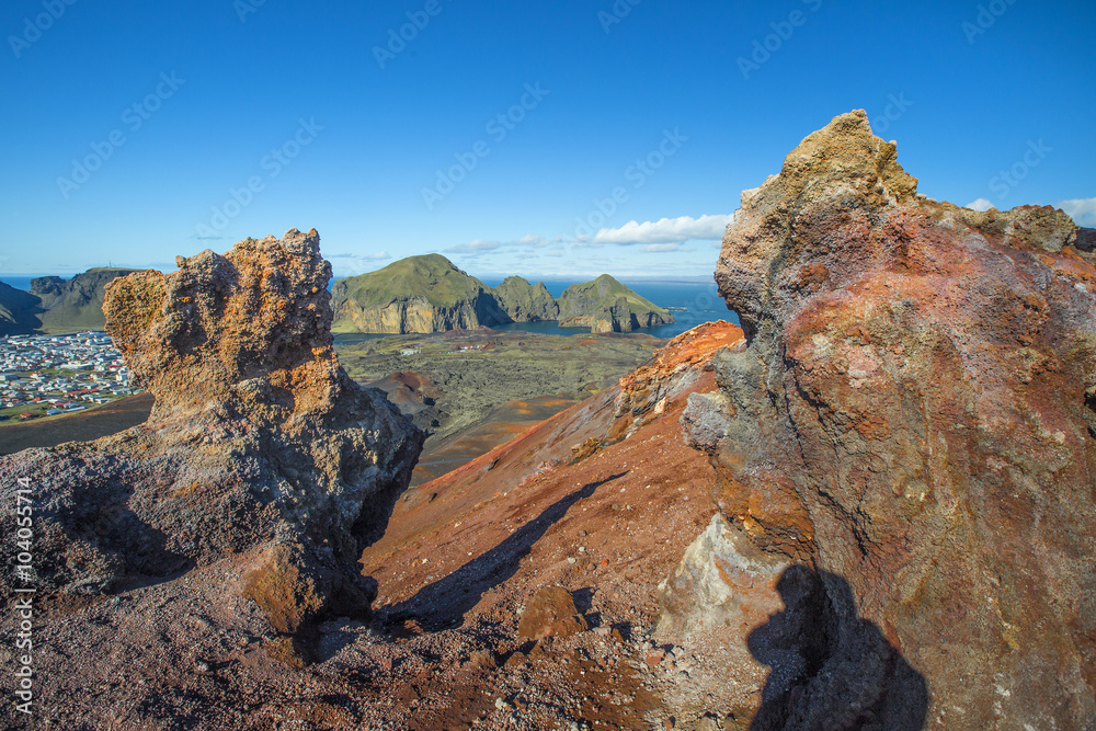 View of the volcanic landscape of the summit of the volcano Eldfell, Westman Islands (Vestmannaeyjar), Iceland