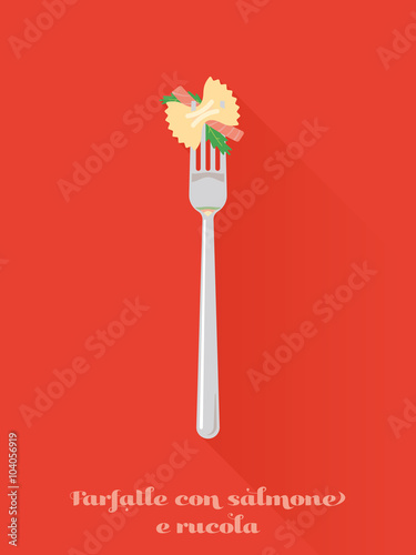 Pasta with salmon and rocket leaves on fork. Flat design long shadow vector illustration of farfalle con salmone pasta on a fork