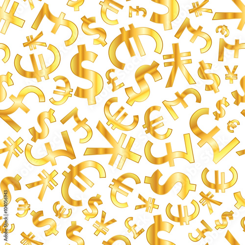 Golden signs of world currencies on white background seamless pattern