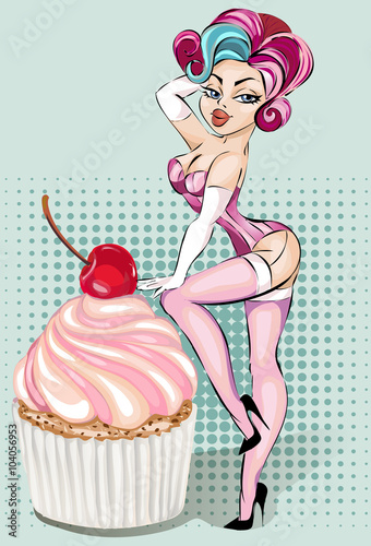 Sexy pin-up girl in lingerie with cupcake