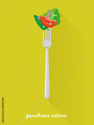 Mixed salad on fork. Flat design long shadow vector illustration of insalata mista on a fork