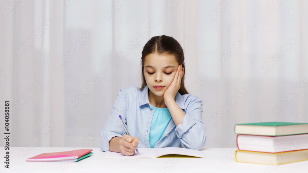 bored school girl with books and notepad at home bored school girl with books and notepad at home
