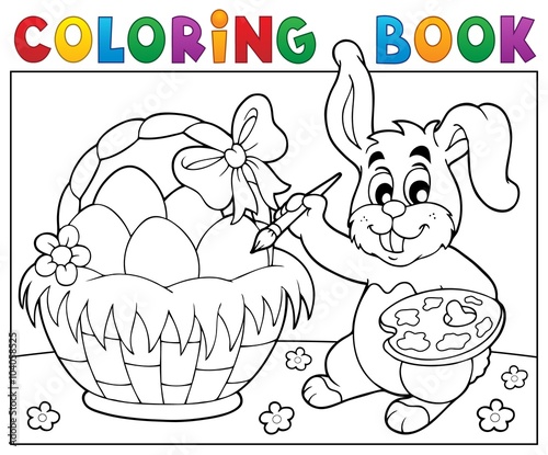 Coloring book bunny painting eggs