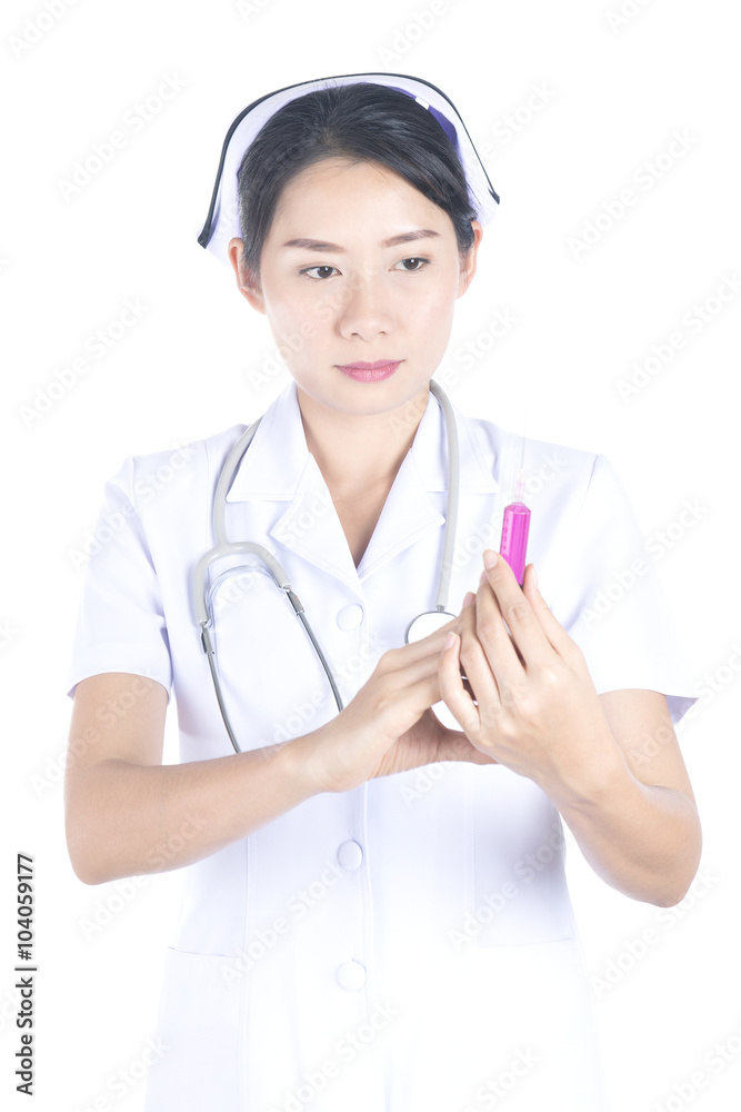 Beautiful nurse with a syringe on white background. Beautiful nurse with a syringe on white background.