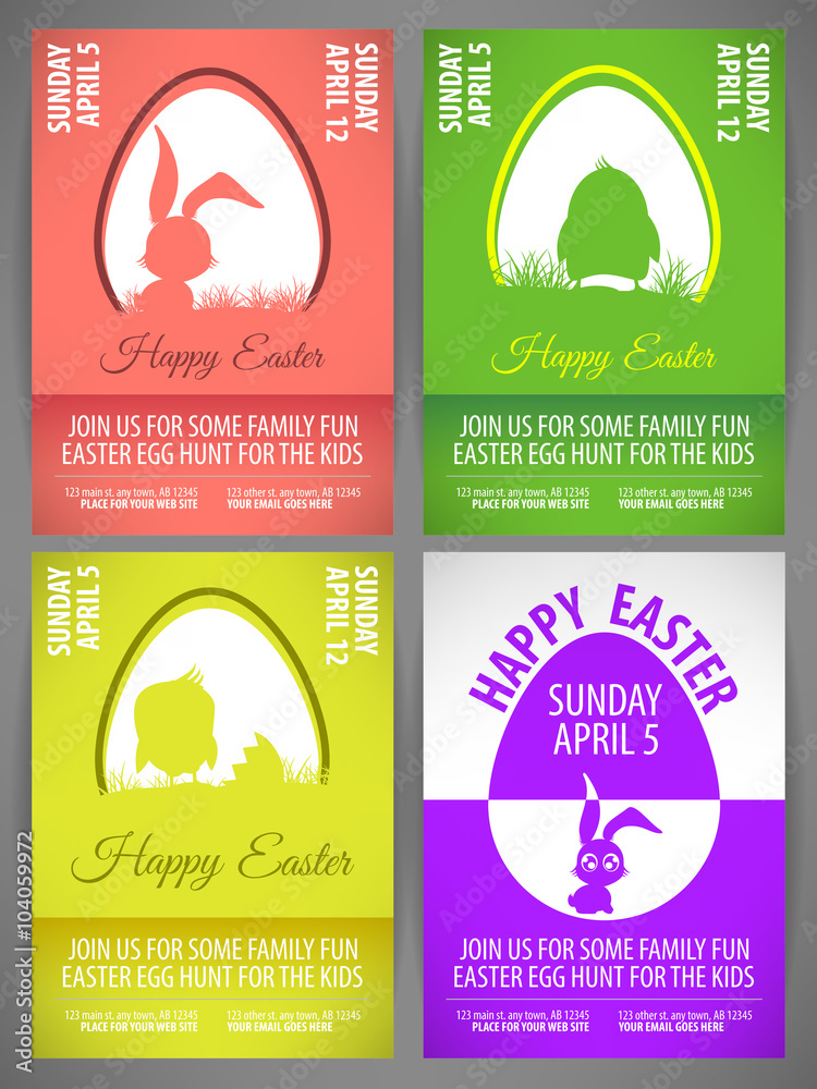 Happy easter pastel color vector illustration Flyer templates Set with rabbit and chicken silhouettes in egg
