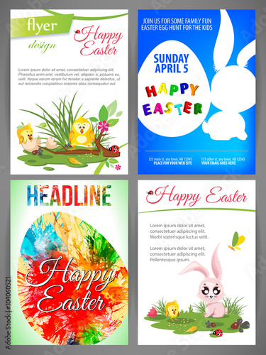 Happy easter vector illustration Flyer templates Set of chiсken family and rabbit, watecolor egg, silhouette of rabbit and egg