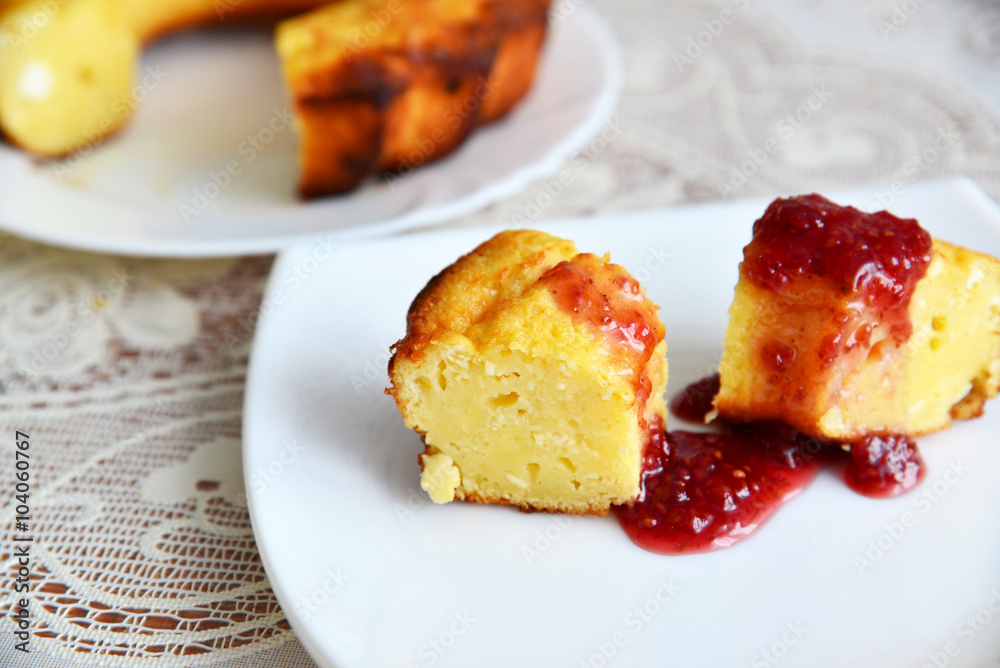 Curd casserole in form of cake with berry jam Curd casserole in form of cake with berry jam