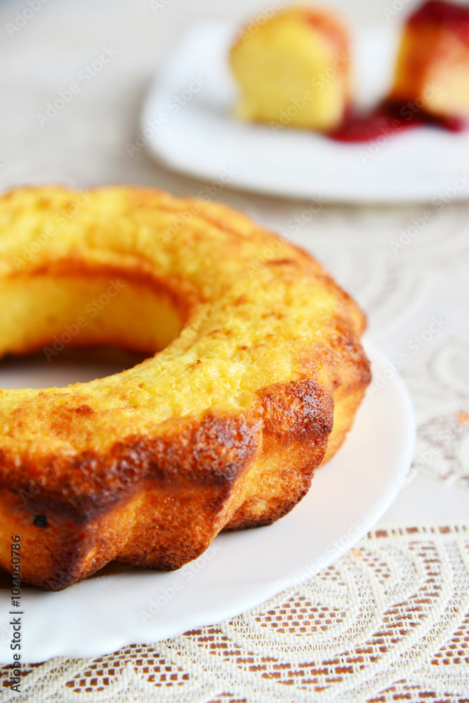 Curd casserole in form of cake with berry jam Curd casserole in form of cake with berry jam