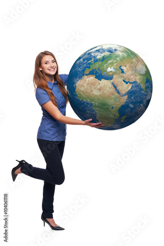 Woman in full length holding earth globe