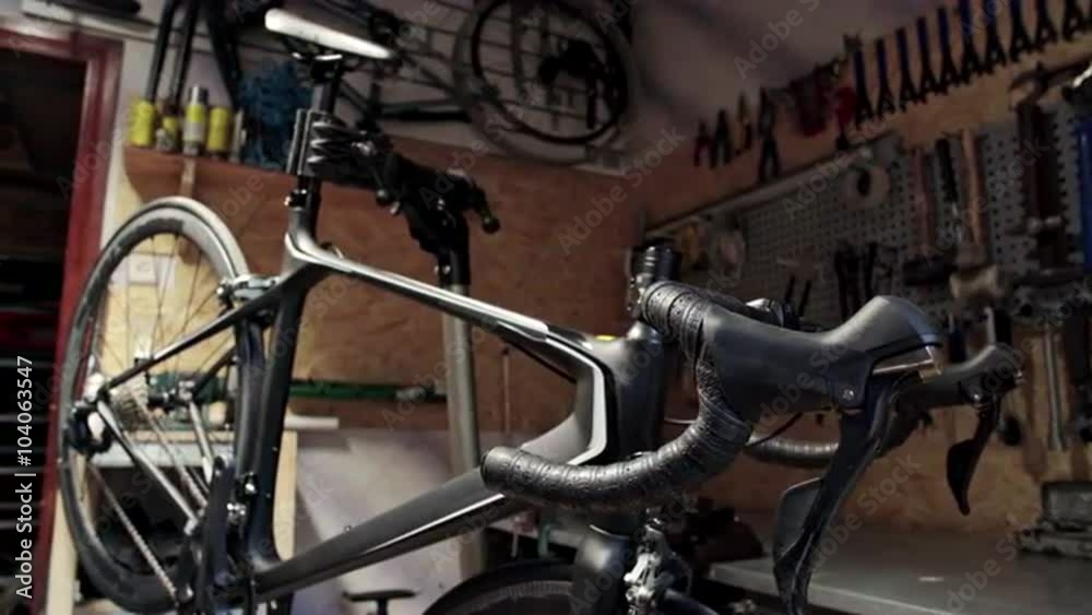 Close view of bicycle in workshop. Close up. Close view of bicycle in workshop. Close up.
