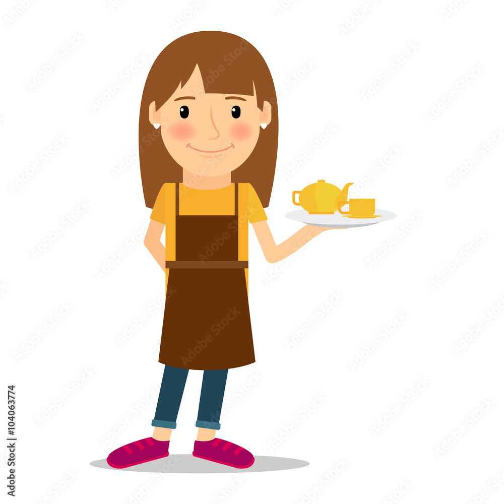 Waitress with tea pot and tea cup. Tea waitress for cafe or waitress for fast food restaurant. Vector illustration Waitress with tea pot and tea cup. Tea waitress for cafe or waitress for fast food restaurant. Vector illustration