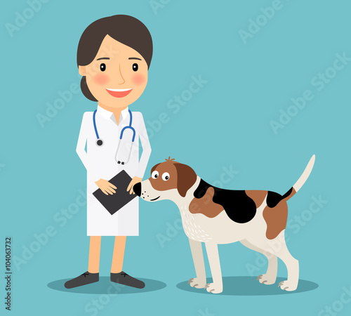 Female Veterinarian Doctor with a dog. Veterinary concept colorful icon on light blue background. Vector illustration