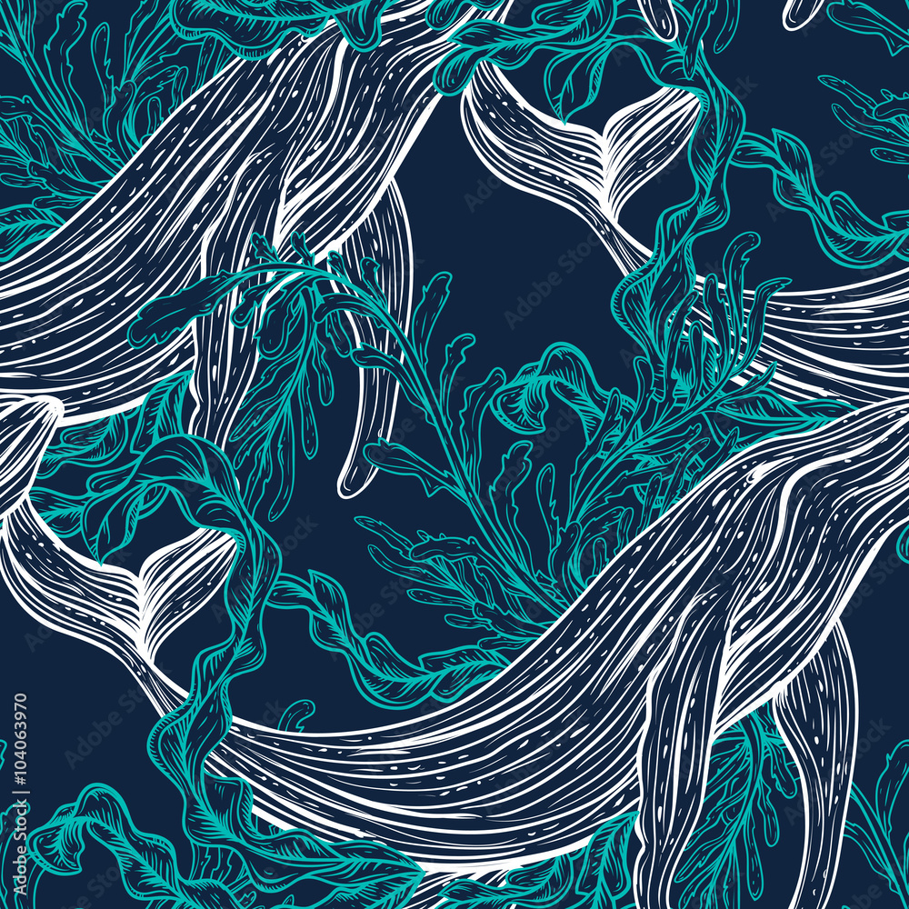 Fototapeta premium Seamless pattern with whale, marine plants and seaweeds.Vintage set of black and white hand drawn marine life.Isolated vector illustration in line art style.Design for summer beach, decorations.