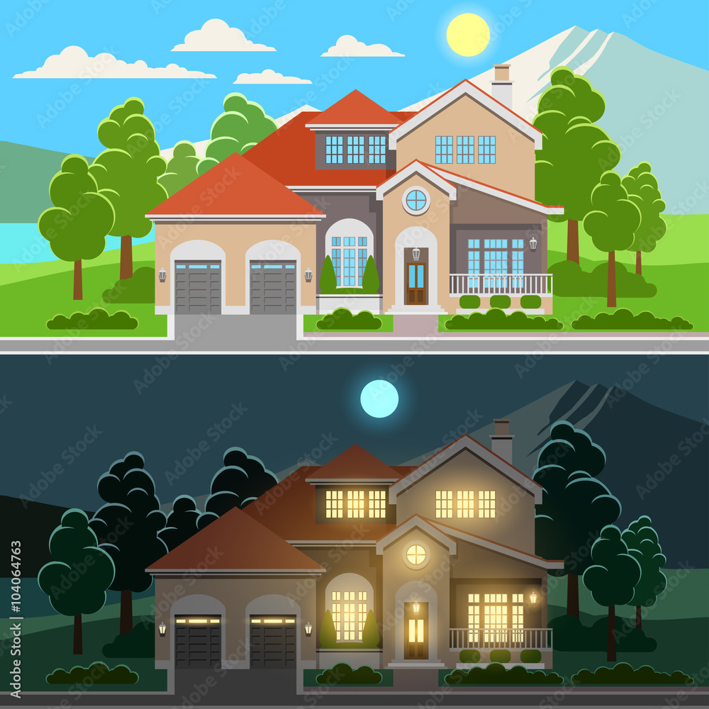 Day and night house illustration