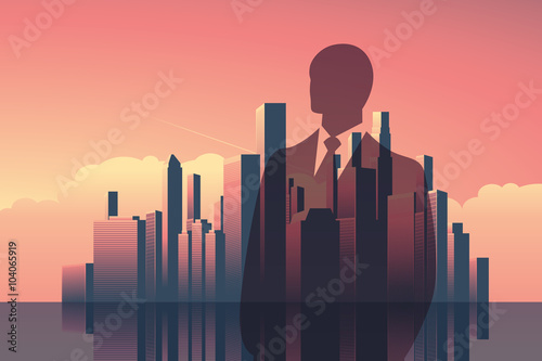 Double exposure business concept vector background. Businessman in front of modern corporate city skyline.