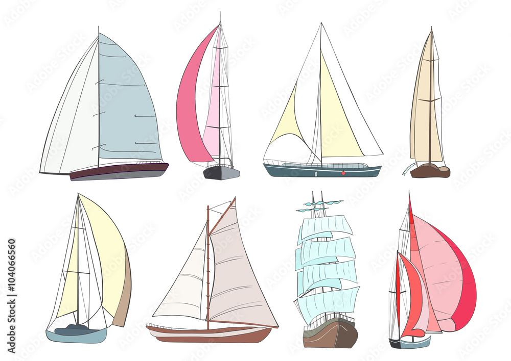 Set of boats with sails made in the vector