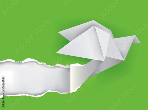 Origami bird ripping green paper.
Illustration of Origami bird ripping green paper with place for your image or text. Theme symbolizing revelation, uncovered. Vector available.
