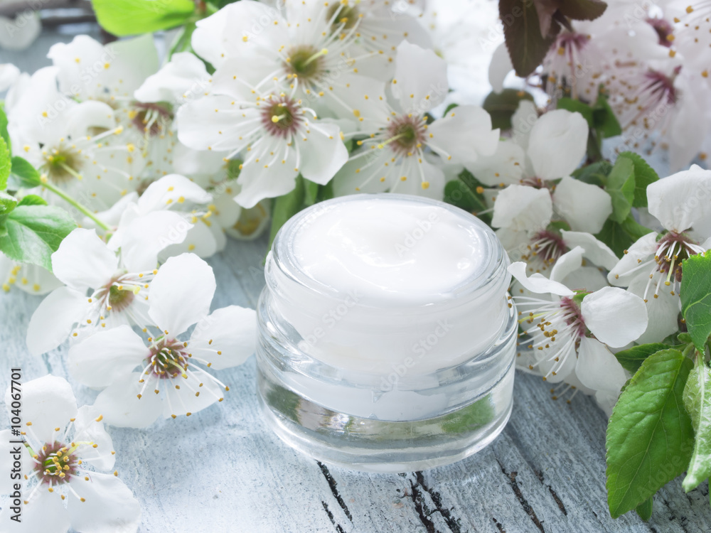 natural facial cream with spring blossom, fresh as spring flowers