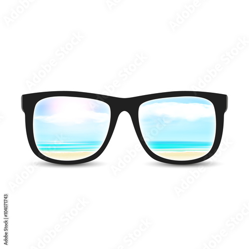 Sunglasses with vector summer blurred beach, background illustration 