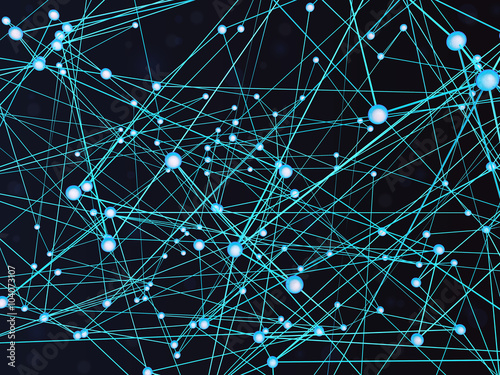Abstract molecules and communication technology background with connected blue glowing spheres and lines on a dark background.