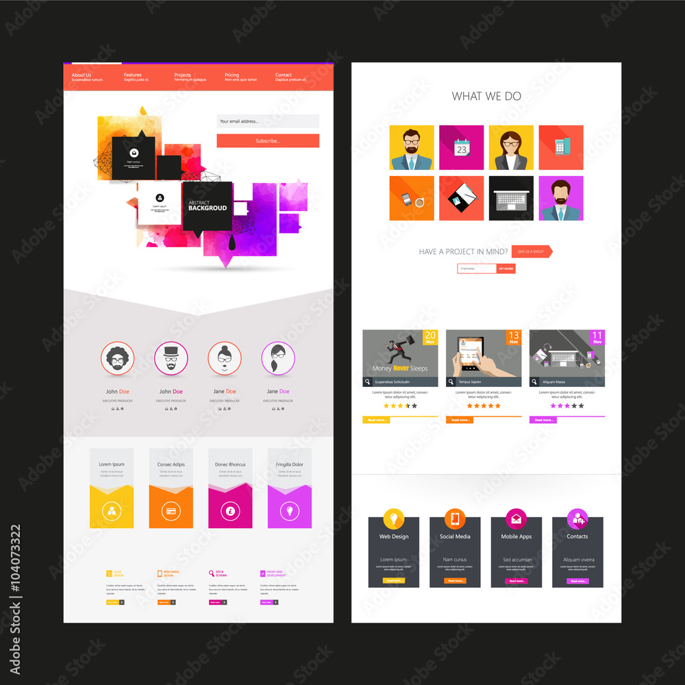 Colorful One page website design template. Vector Design.

