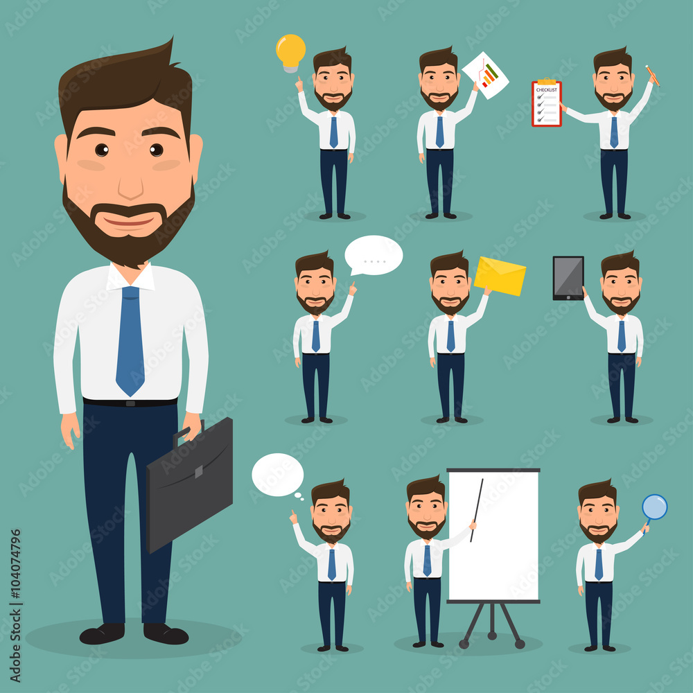 set of business man character at office work. people character. set of business man character at office work. people character.