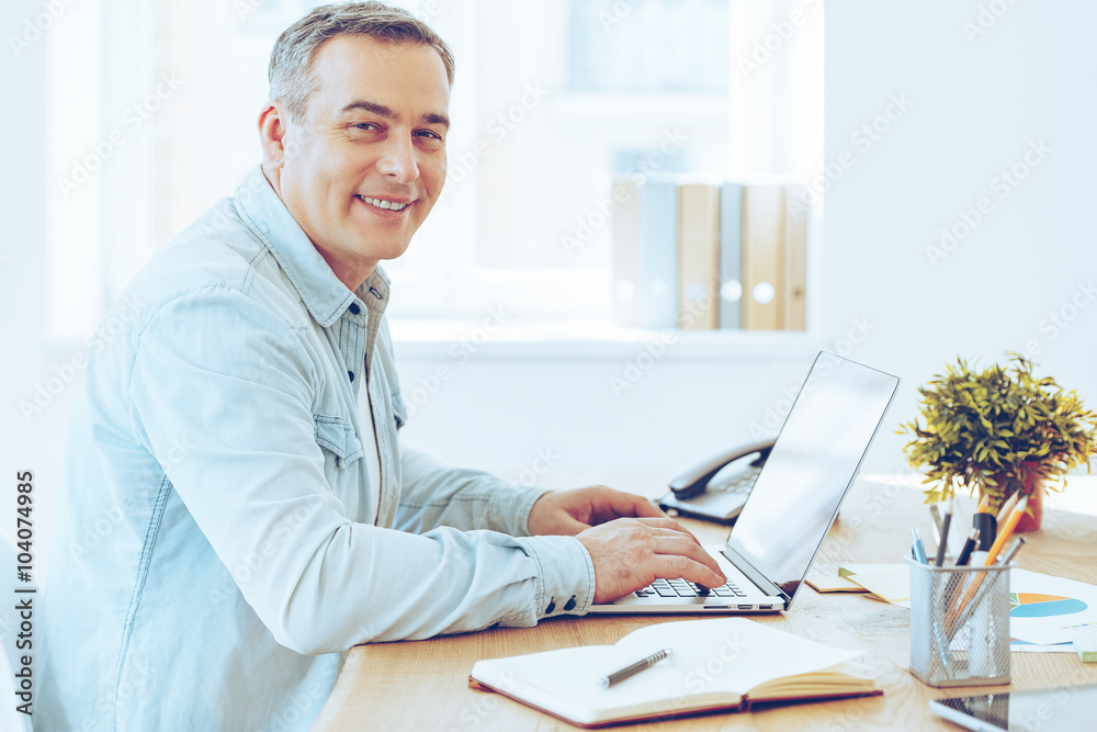 Satisfied with his work. Satisfied with his work.