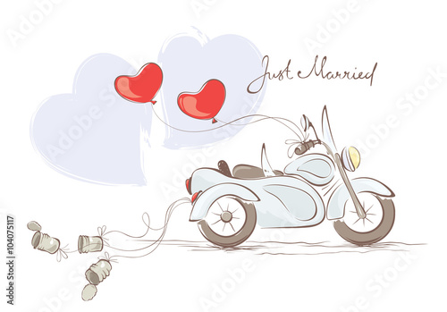 Vector illustration, card -- wedding motorcycle with sidecar