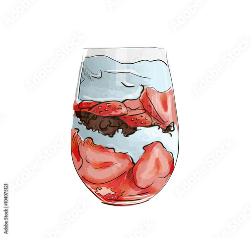 Hand drawn layered dessert with strawberries, biscuit cake and cream cheese.