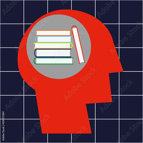 Stylized human head in profile and a stack of hardback books in the brain area as a concept for learning and education