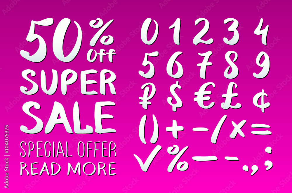 Numbers 0-9 written with a brush on a pink background lettering. Super Sale. Big sale. Sale tag. Sale poster. Sale vector. Super Sale and special offer. 50% off. Vector illustration.