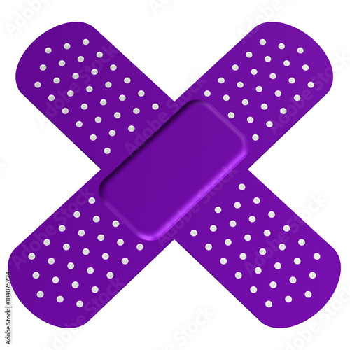 Two crossed purple bandages on white background