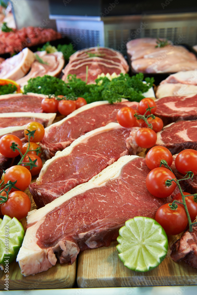 Display Of Fresh Meat In Butcher's Store Display Of Fresh Meat In Butcher's Store