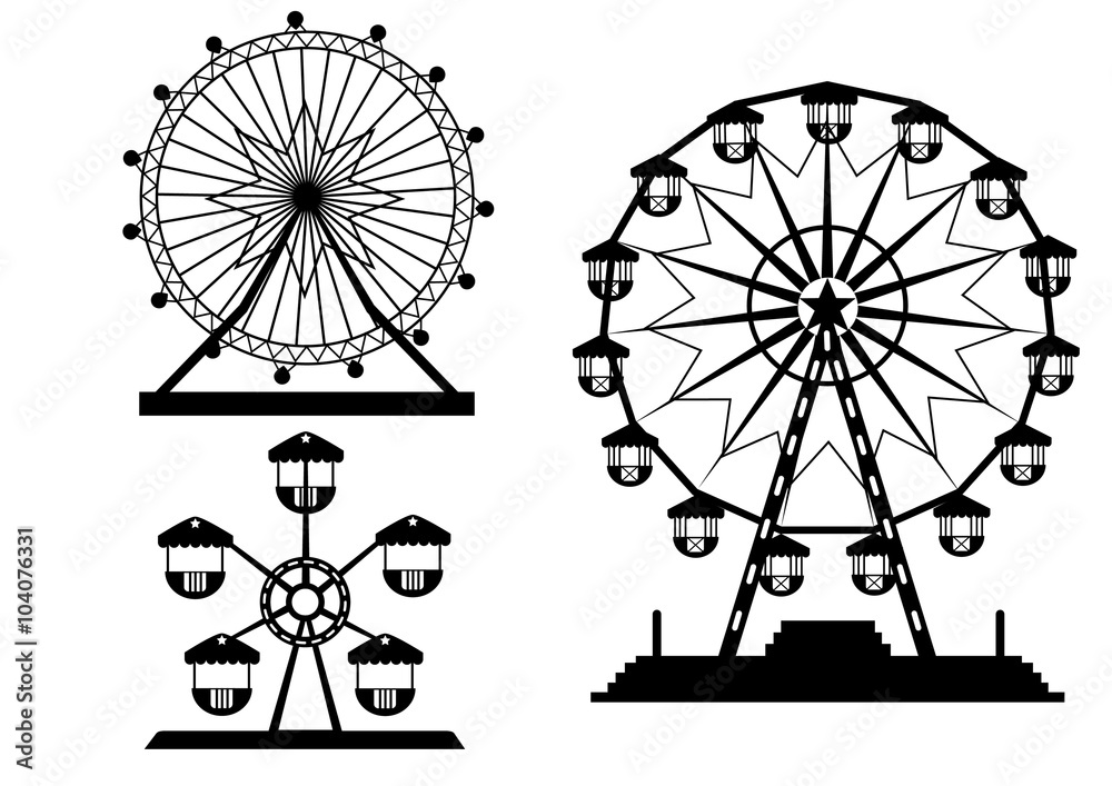 Set of silhouettes Ferris Wheel from amusement park, vector illustrations