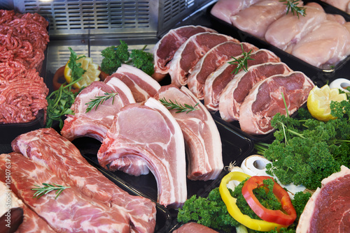 Display Of Fresh Meat In Butcher's Store