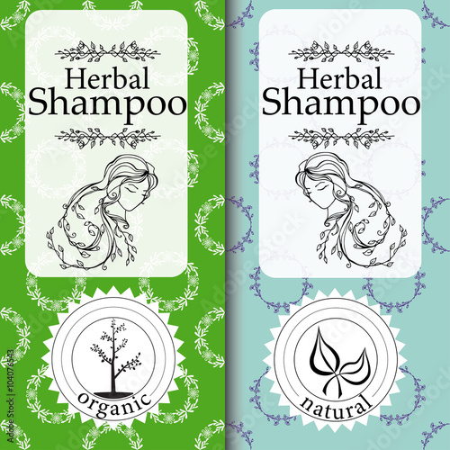 Vector set of seamless patterns, labels and logo design templates for natural herbal shampoo packaging and wrapping paper
