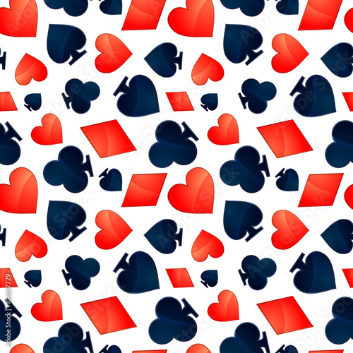 Glossy card suits icons on white, seamless pattern
