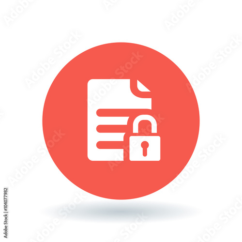 Password protected document icon. Secure document file sign. locked business file with padlock symbol. White secure file icon on red circle background. Vector illustration.
