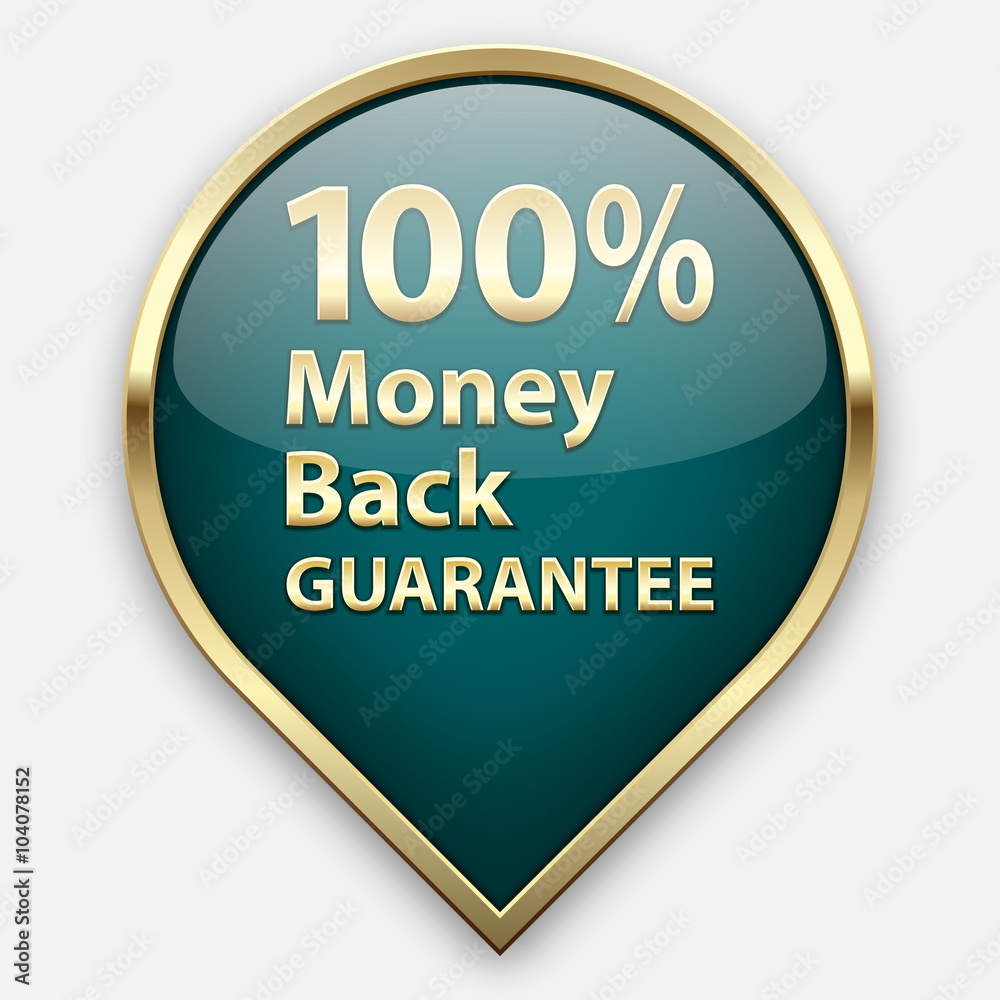 Green 100% money back guarantee plate in golden frame