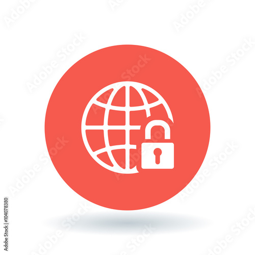 Secure internet icon. Globe with padlock sign. Secure globe symbol. White globe with padlock icon on red circle background. Vector illustration.