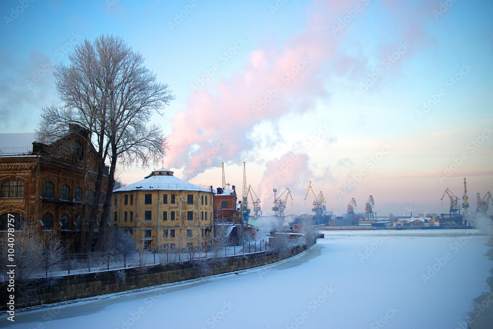 View of industrial embankment Saint-Petersburg City. Winter.