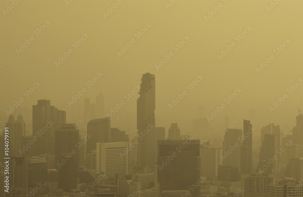 Big city in the fog, Gold tone, Bangkok Thailand