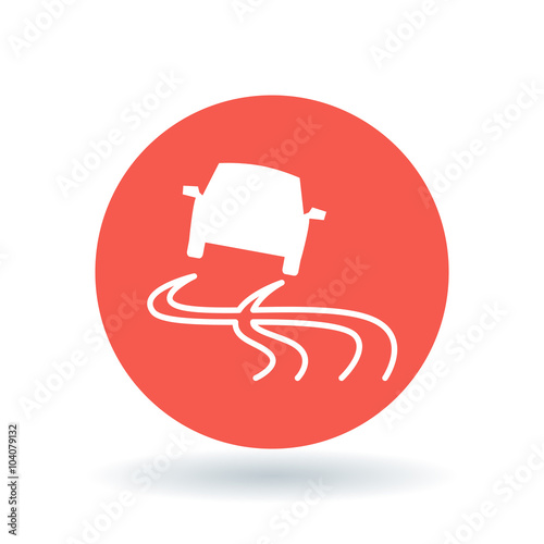 Road slippery when wet icon. Road caution sign. Vehicle traction control symbol. White car hazard icon on red circle background. Vector illustration.