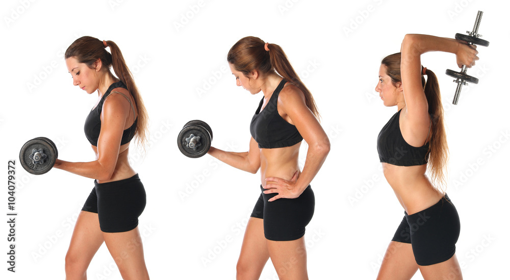 Collage of a young woman doing exercise with dumbbells, over white