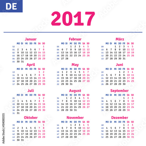 German calendar 2017, horizontal calendar grid, vector 