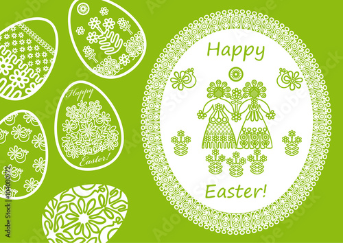 Easter background with eggs and lacy napkin