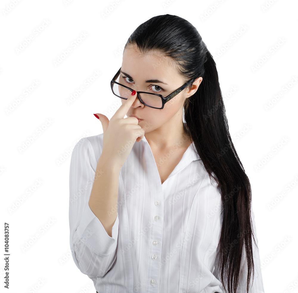 Business woman holding glasses of view shot on a white background isolated Business woman holding glasses of view shot on a white background isolated