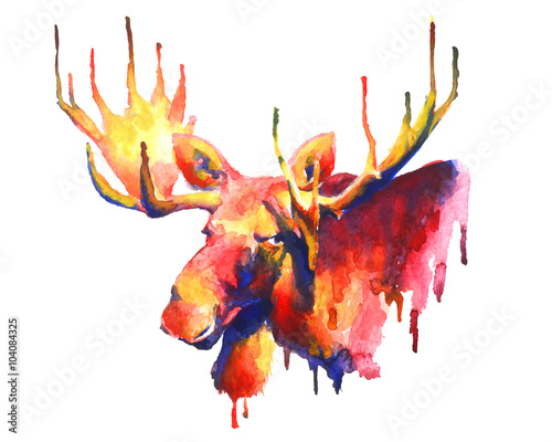 Psychedelic bright watercolor moose drawing
