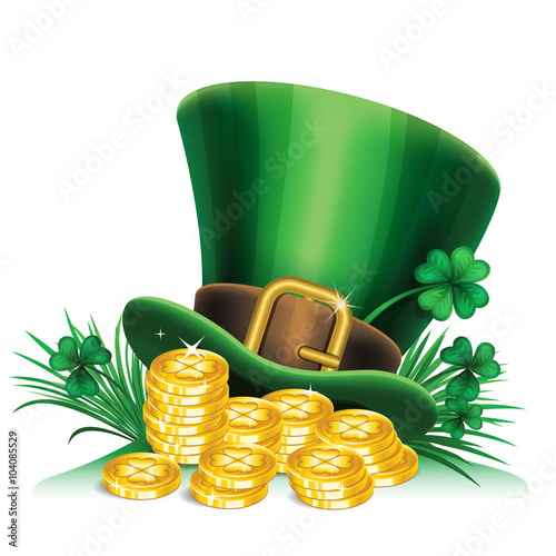 St. Patrick's Day green leprechaun hat with clover and gold 