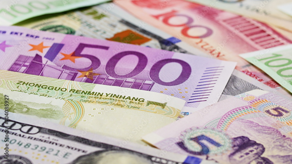 Word currency Yuan, US Dollar and Euro bank notes business background, sliding turning video Word currency Yuan, US Dollar and Euro bank notes business background, sliding turning video